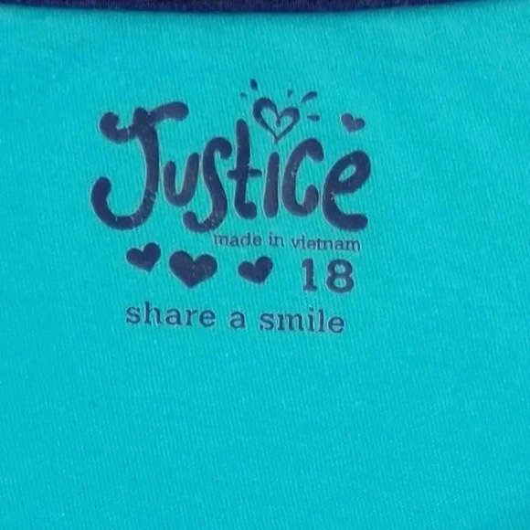 Justice Girls Size 18 Crew Neck Short Sleeve Aqua Blue Glitter Soccer Tee Shirt - Picture 3 of 7